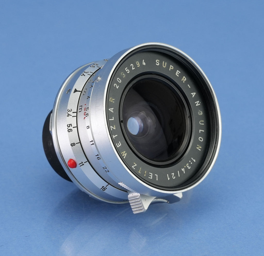LEICA LEITZ 21MM SUPER-ANGULON F3.4 CHROME M 11103 LENS +CAPS +SHADE +FINDER+BOX