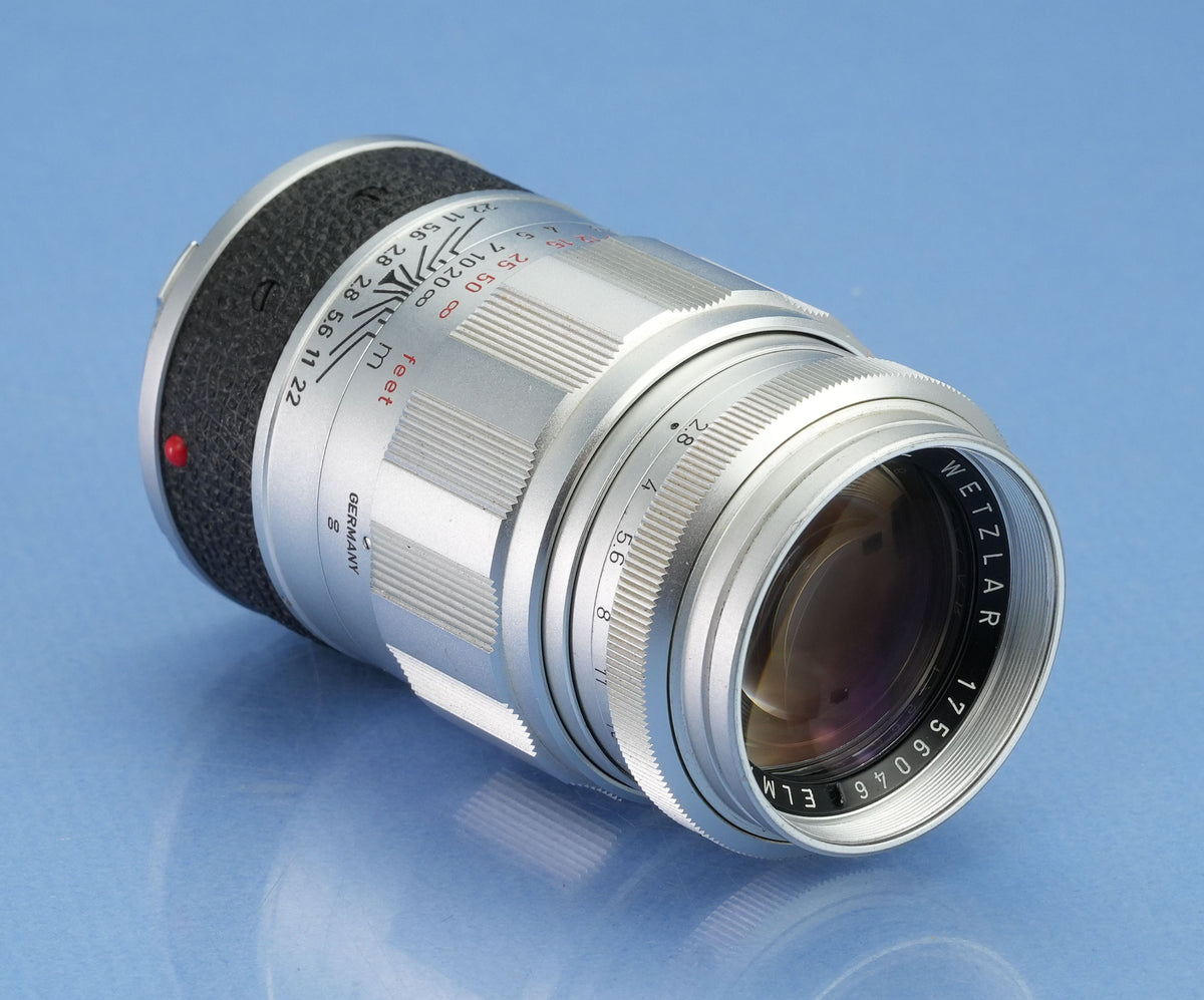 LEICA LEITZ 90MM ELMARIT F2.8 11029 CHROME LENS +CAPS +IUFOO SHADE. NICE!