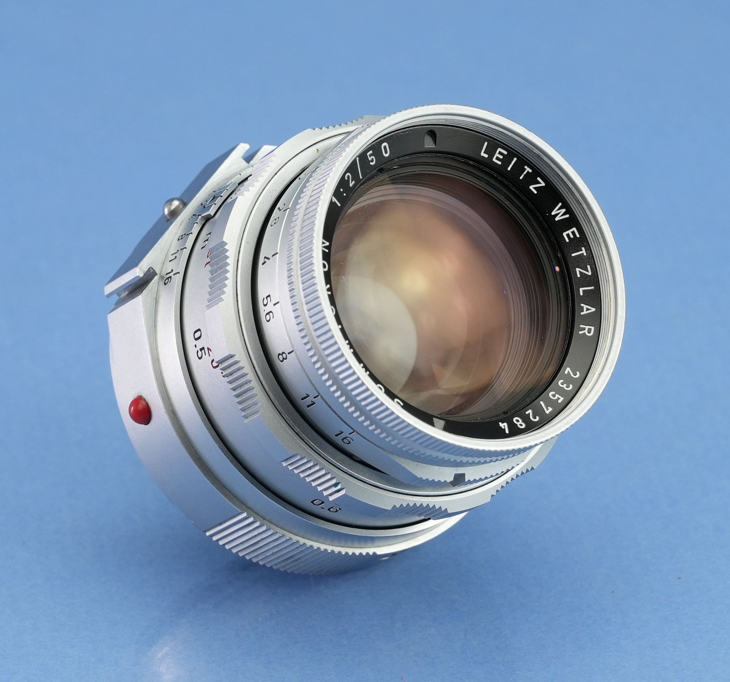 LEICA LEITZ 50MM SUMMICRON F2 CHROME DUAL RANGE M LENS W/EYES +BOX +FILTER