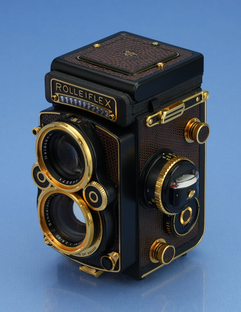 ROLLEI ROLLEIFLEX AURUM 24K GOLD 2.8F 80MM XENOTAR +CAPS +BOX +CASE +PAPERS NOS