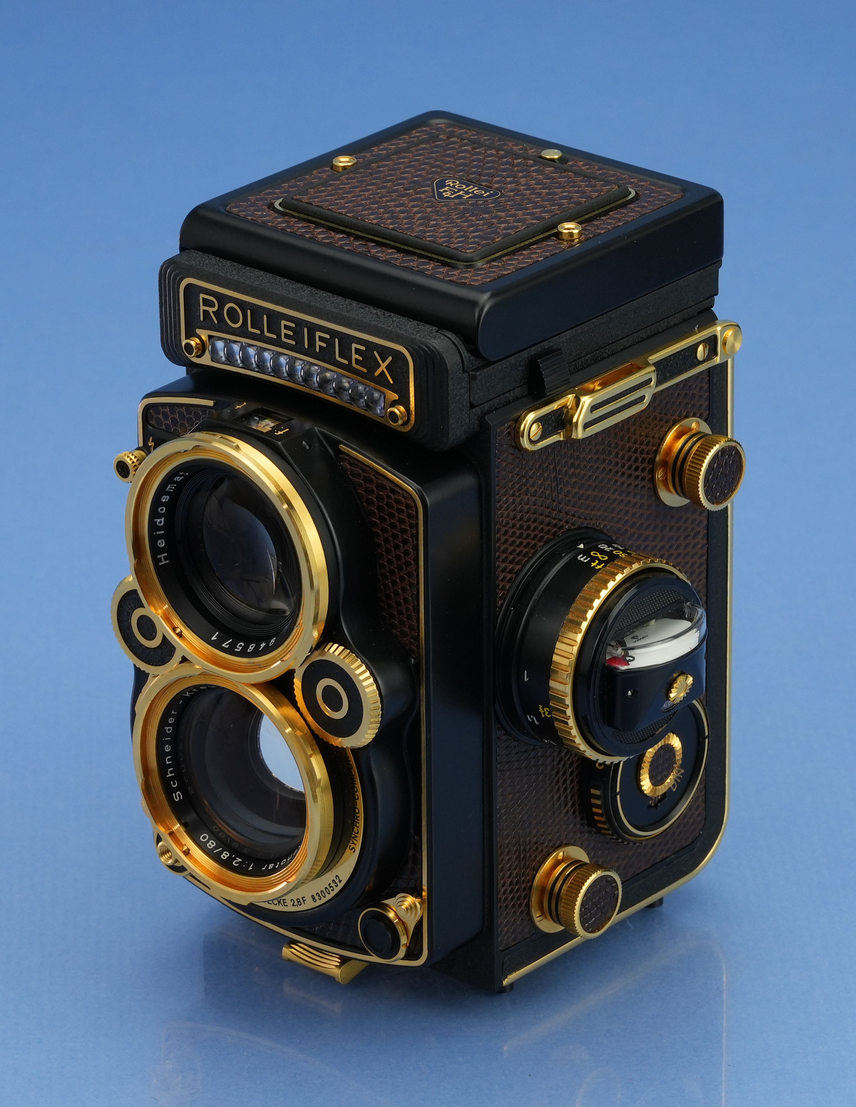 ROLLEI ROLLEIFLEX AURUM 24K GOLD 2.8F 80MM XENOTAR +CAPS +BOX +CASE +PAPERS NOS