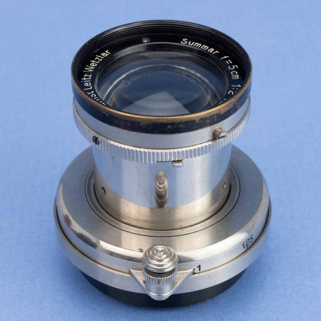 LEICA 50MM SUMMAR F2 PRE-WAR BLACK PAINT RING NICKLE LENS EARLY +BOX +SHADE RARE