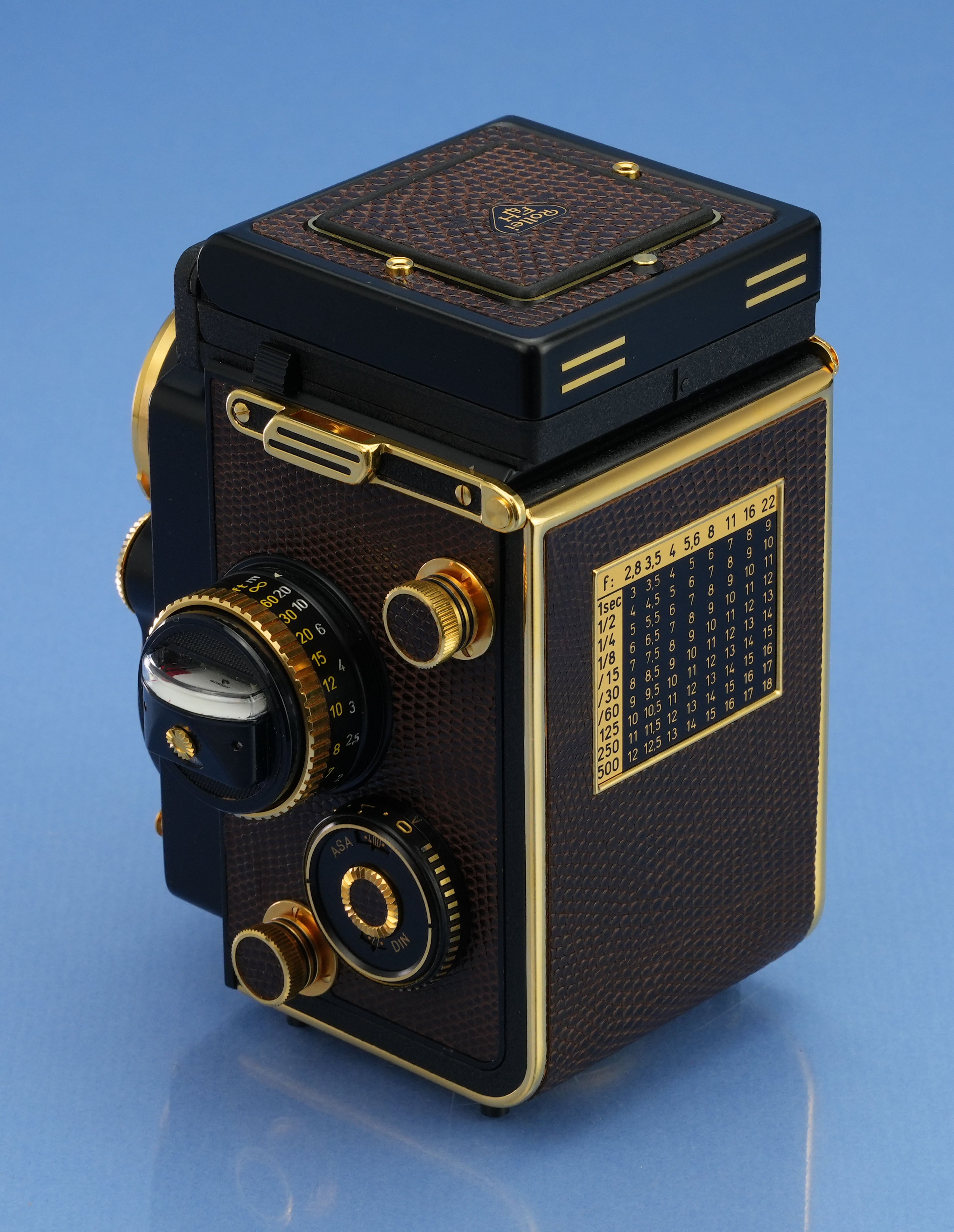 ROLLEI ROLLEIFLEX AURUM 24K GOLD 2.8F 80MM XENOTAR +CAPS +BOX +CASE +PAPERS NOS