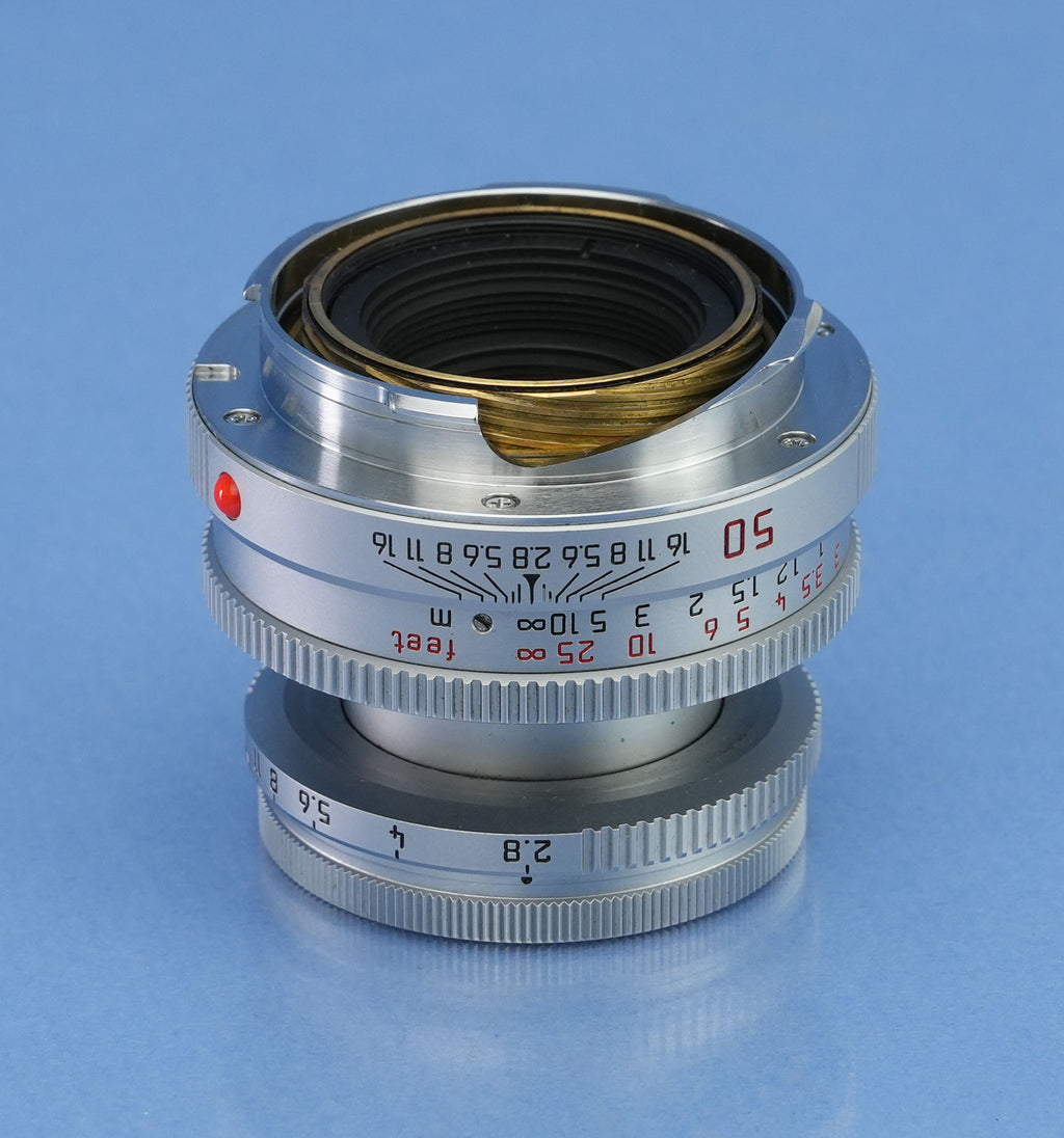 LEICA LEITZ 50MM ELMAR-M F2.8 11823 CHROME BRASS BODY RARE LENS +CAPS +SHADE