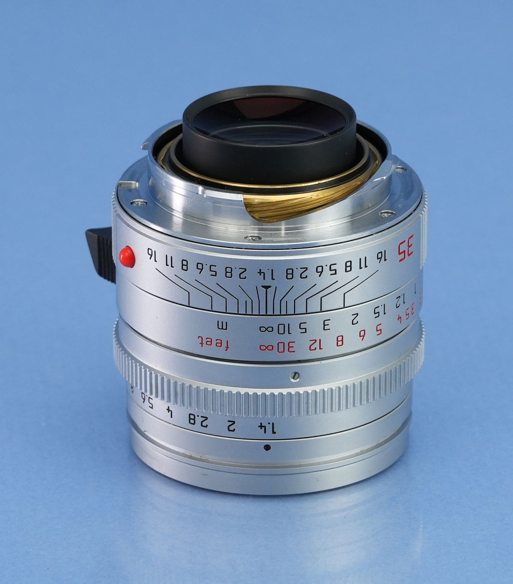 LEICA LEITZ 35MM SUMMILUX-M F1.4 ASPH SILVER CHROME BRASS BODY 11883 LENS +SHADE