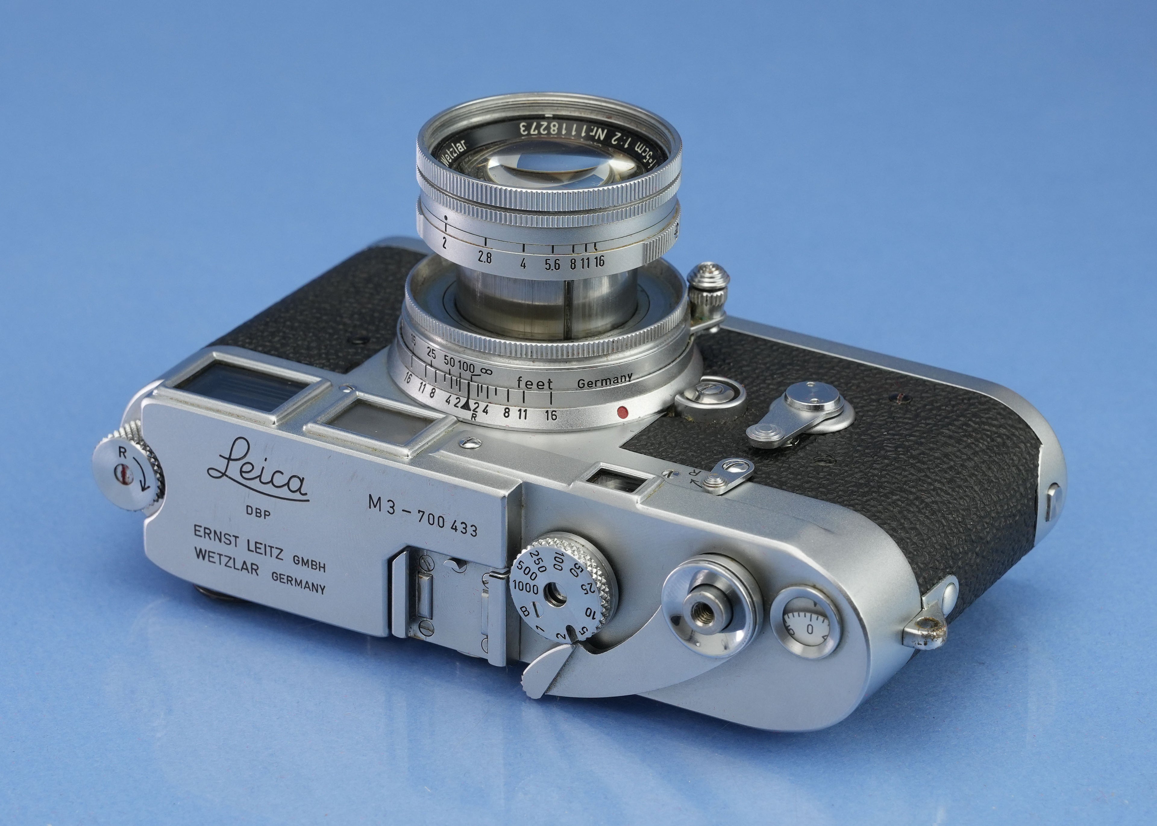 LEICA M3 EARLY CORNER CAMERA #700433 +50MM SUMMICRON F2 +BOX RARE +SPECIAL BACK