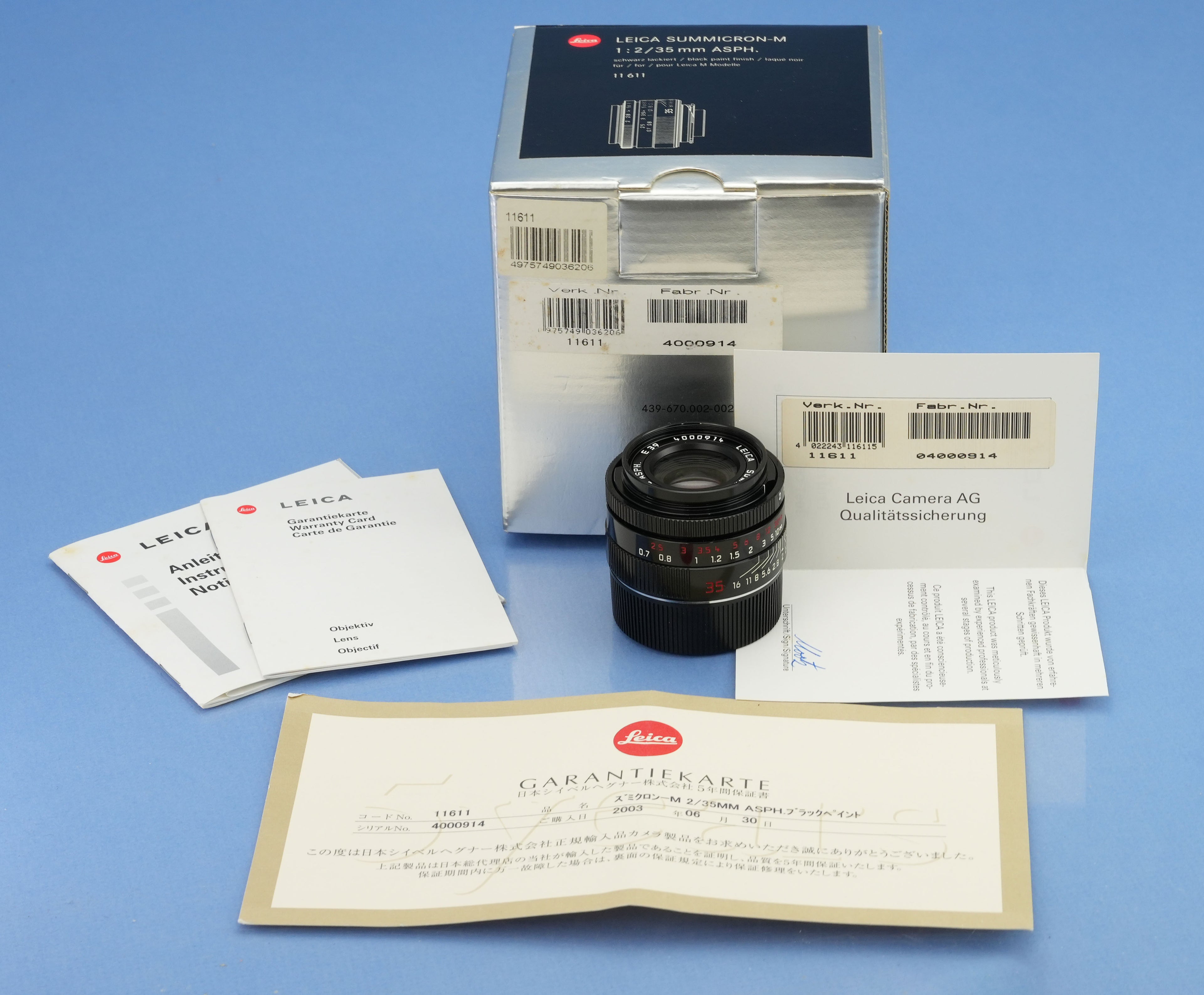 LEICA 35MMM SUMMICRON-M F2 ASPH 11611 BLACK PAINT MILLENNIUM LENS SET MINT +BOX!