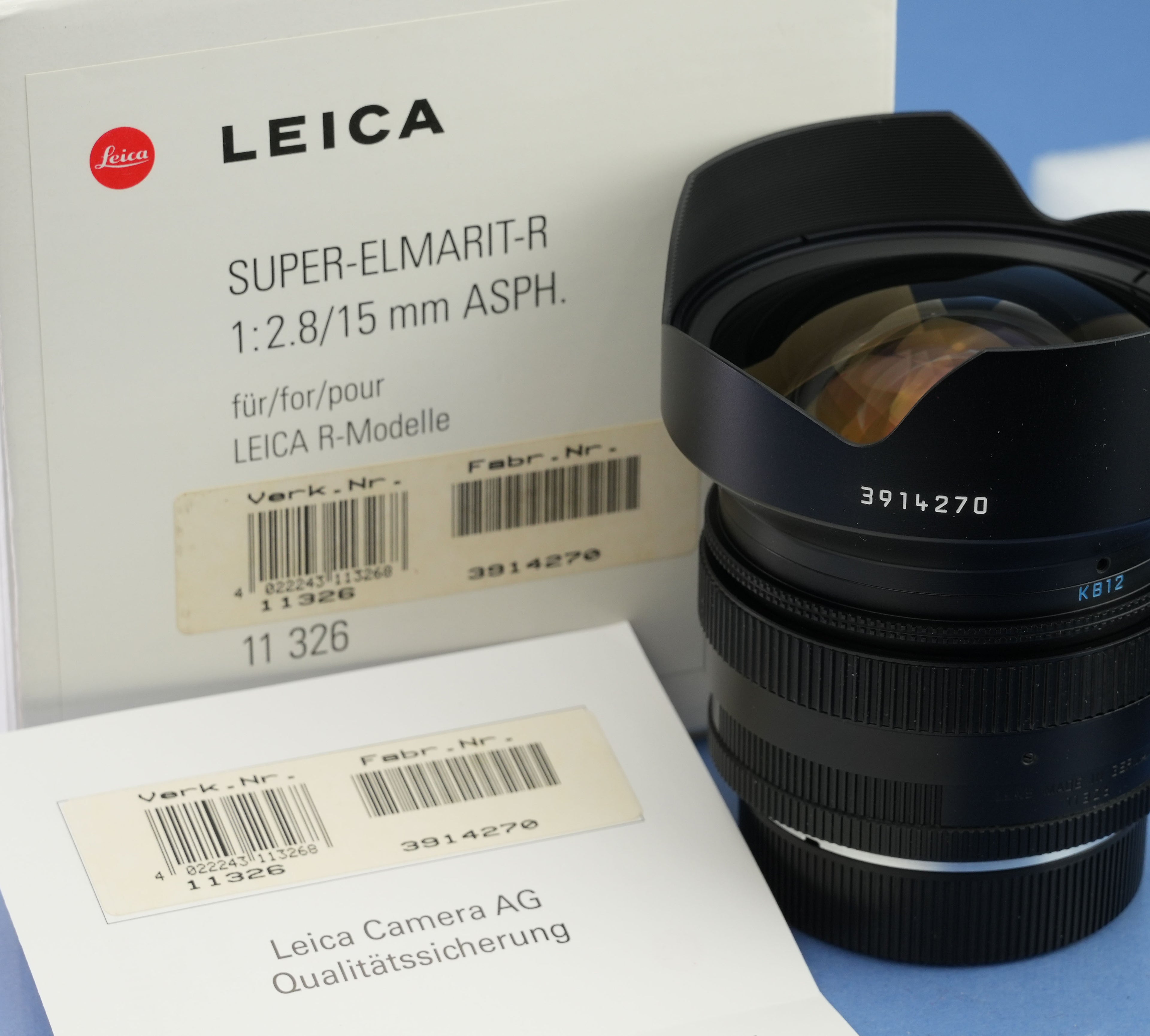 LEICA 15MM SUPER-ELMARIT-R F2.8 ASPH 11326 ROM LENS +BOX +CAPS +CASE MINT! RARE!