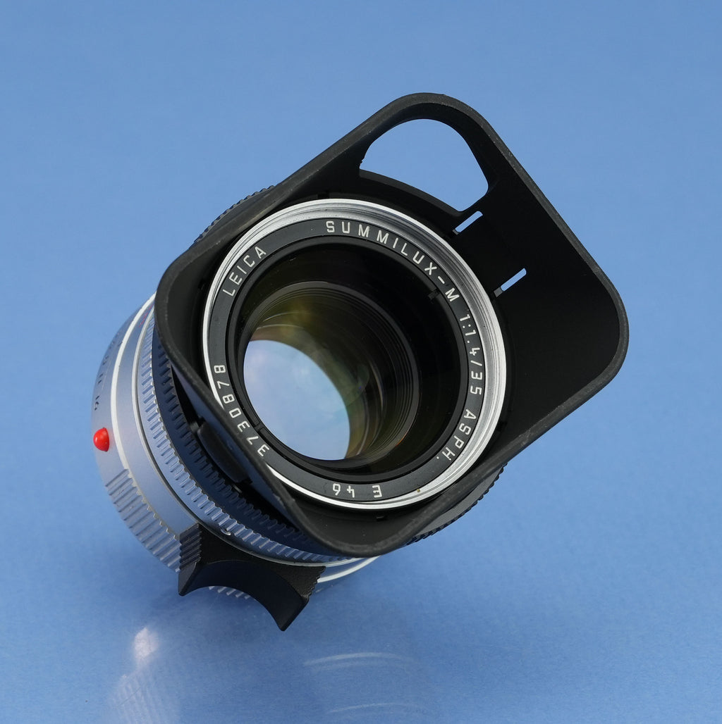 LEICA LEITZ 35MM SUMMILUX-M F1.4 ASPH SILVER CHROME BRASS BODY 11883 LENS +SHADE