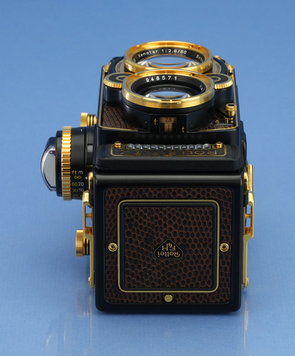 ROLLEI ROLLEIFLEX AURUM 24K GOLD 2.8F 80MM XENOTAR +CAPS +BOX +CASE +PAPERS NOS