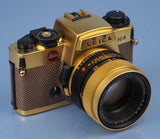 LEICA LEITZ R4 24KT GOLD CAMERA OUTFIT +50MM SUMMILUX-R F1.4 LENS +BOXES +CAPS