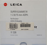 LEICA LEITZ 15MM SUPER-ELMARIT-R F2.8 ASPH 11326 ROM LENS +BOX +CAPS +CASE MINT!